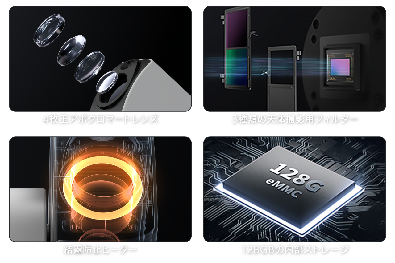 4枚玉アポクロマートレンズ / 3種類の天体撮影用フィルター / 結露防止ヒーター / 128GBの内部ストレージ
