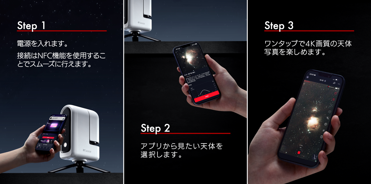 Step 1 / 電源を入れます。 / 接続はNFC機能を使用することでスムーズに行えます。 / Step 2 / アプリから見たい天体を選択します。 / Step 3 / ワンタップで4K画質の天体写真を楽しめます。